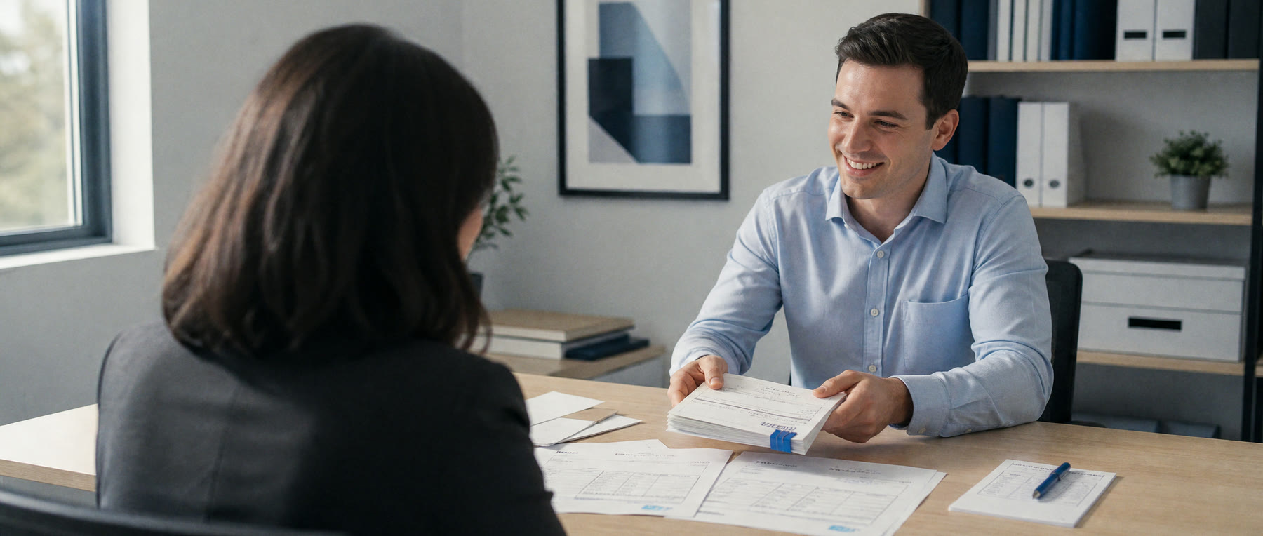 A smiling billing specialist hands a practice owner a neat stack of processed claims across the desk