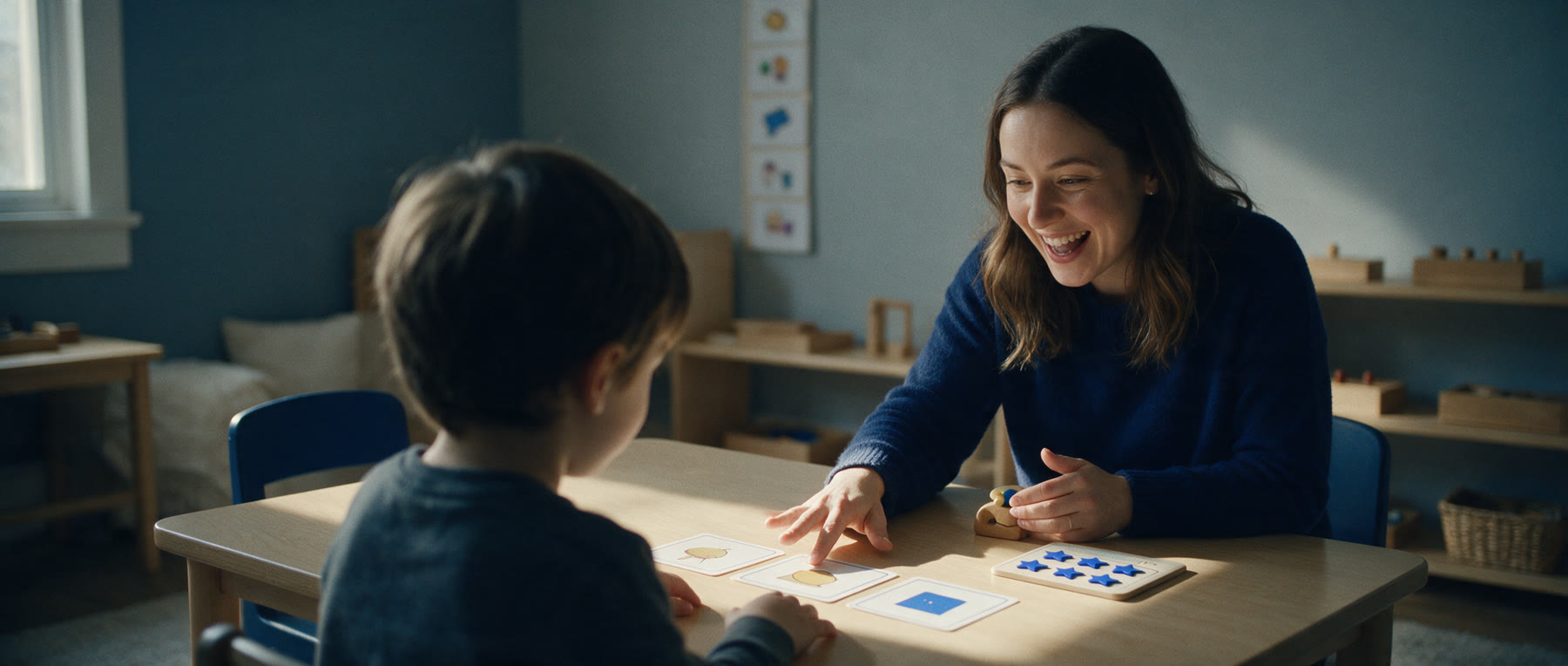 An ABA therapist working with a young child through picture cards at a small table