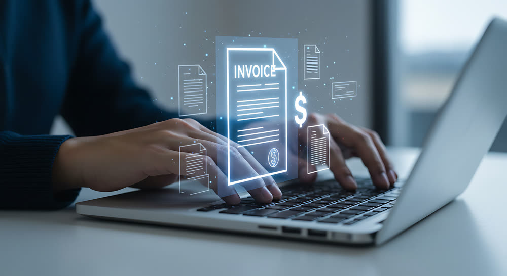 Billing specialist processing an invoice on a laptop